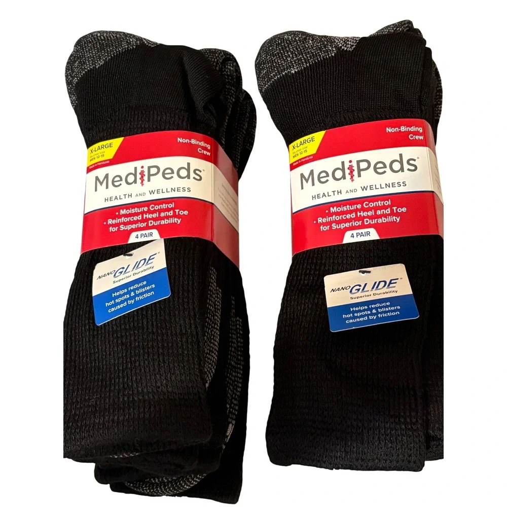 MedPeds Mens 8 Pair Non-Binding Crew Socks Black XL 12-15 NanoGLIDE 8610 NWT